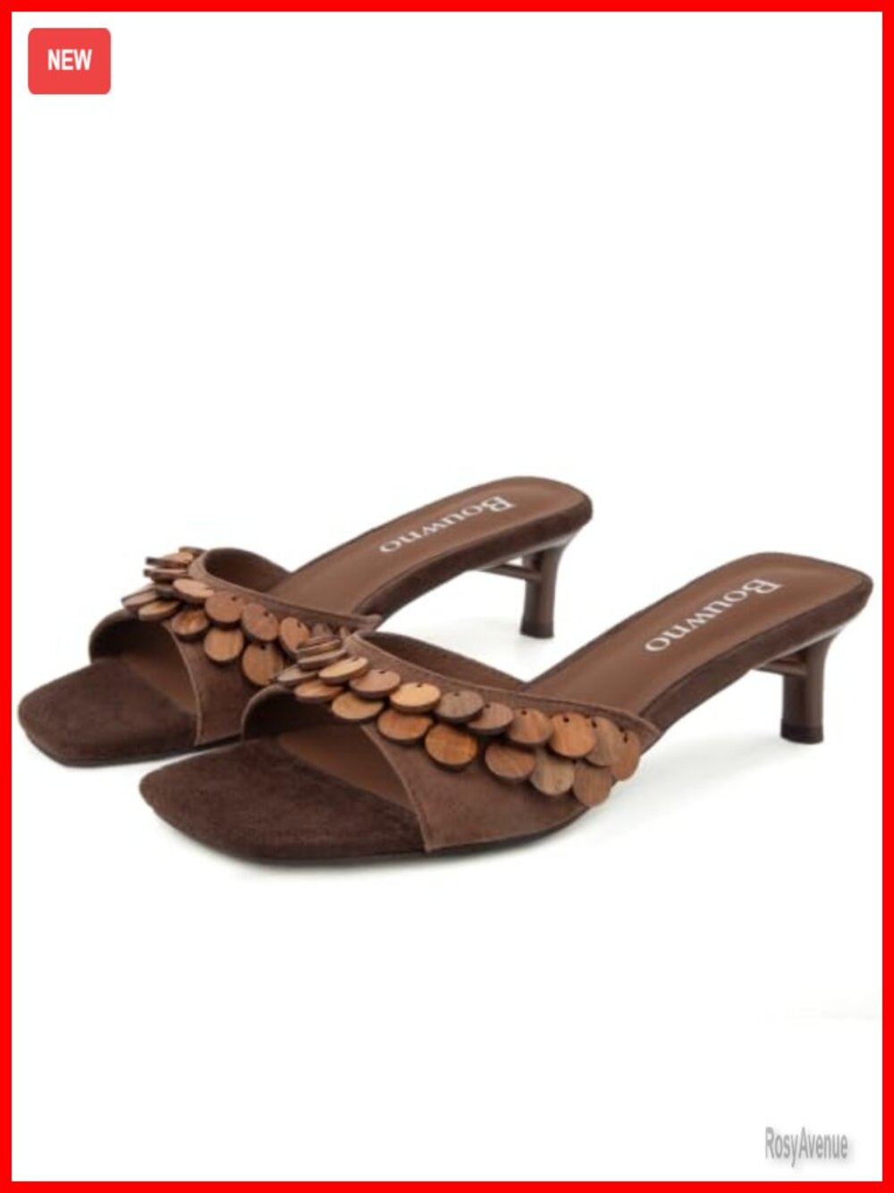 Suede Kitten Heel Mule Sandals Square Open Toe Slide On with Wood Tassel